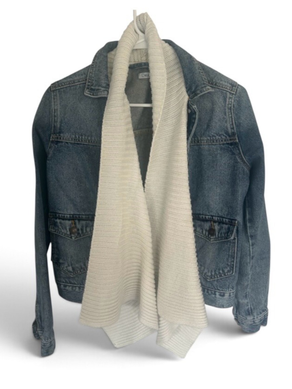 Dex Crop Denim Jacket with White Shawl
Collar Knit Accent. Size S